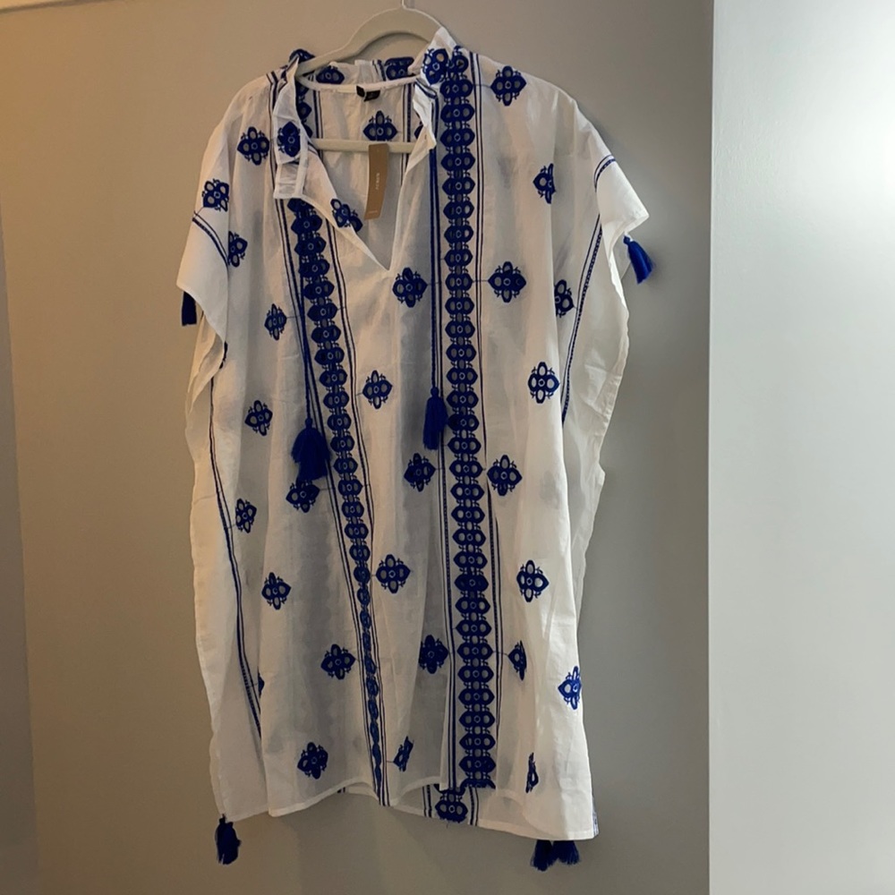 J. Crew blue and white embroidered coverup tassels